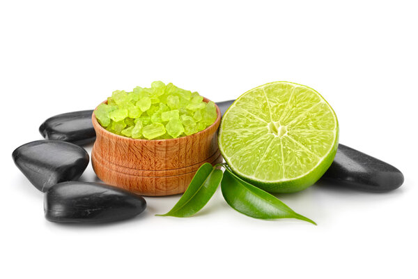 spa still life with lime and toning sea crystals