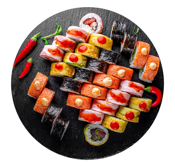 Sushi Rolle Mit Lachs Avocado Frischkäse Gurke Reis Kaviar Aal — Stockfoto