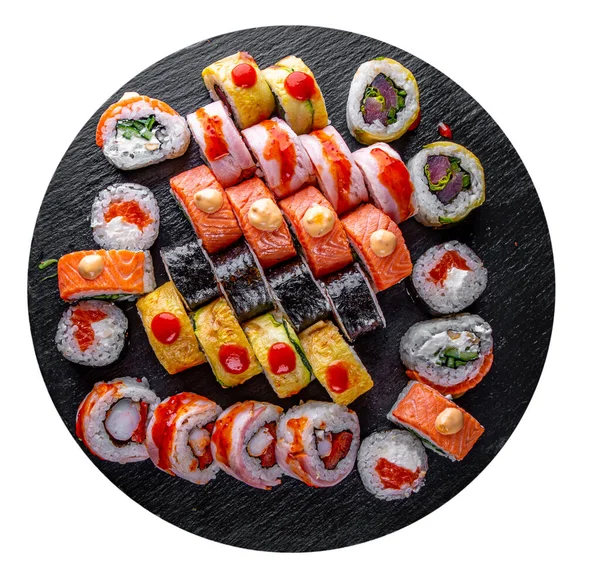 Set Sushi Roll Salmon Avocado Cream Cheese Cucumber Rice Caviar — Stock Photo, Image