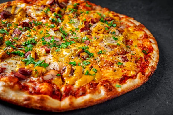 Pizza Mozzarella Cheese Backon Ham Tomato Sauce Pepper Sausage Pickled — Stock Photo, Image