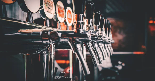 Many Beer Taps Bar Pub — Stock Photo, Image