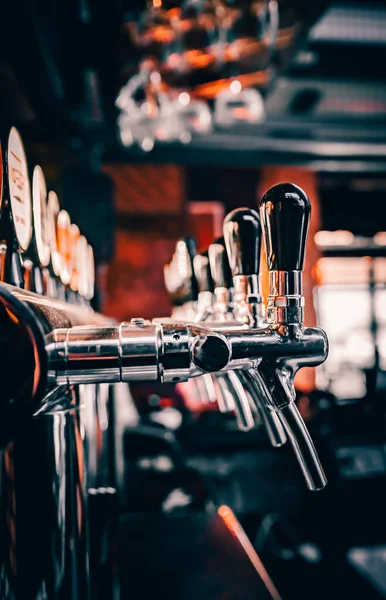 Many Beer Taps Bar Pub — Stock Photo, Image