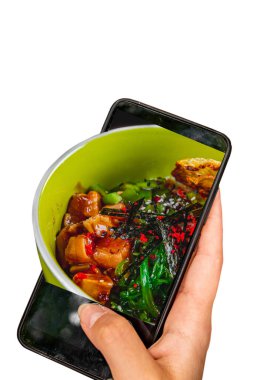 Beyaz arka planda izole edilmiş akıllı telefondan karides somonu. Pizza teslimatı