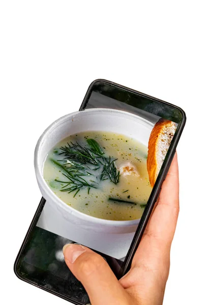 Sopa Crema Pollo Teléfono Inteligente Aislado Sobre Fondo Blanco Entrega — Foto de Stock