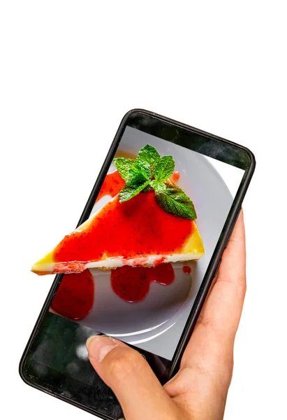 Strawberry Cheesecake Dessert Smart Phone Isolated White Background Food Delivery — Stock Photo, Image
