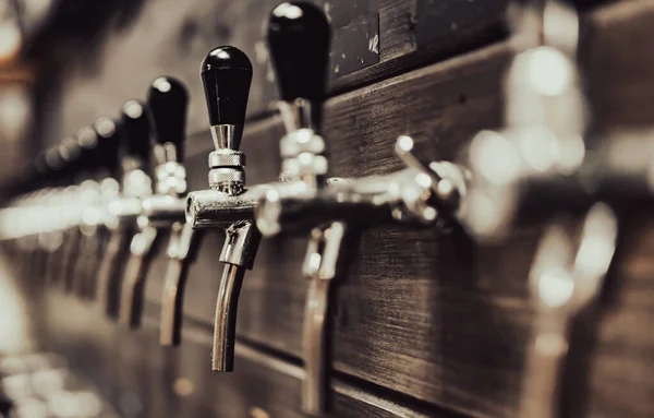 Many Beer Taps Bar Pub Tap Room — Stock Photo, Image