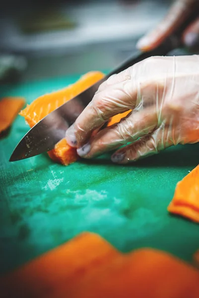 Close Hand Sushi Chef Gloves Slices Fresh Salmon Fish Fillet — Stock Photo, Image