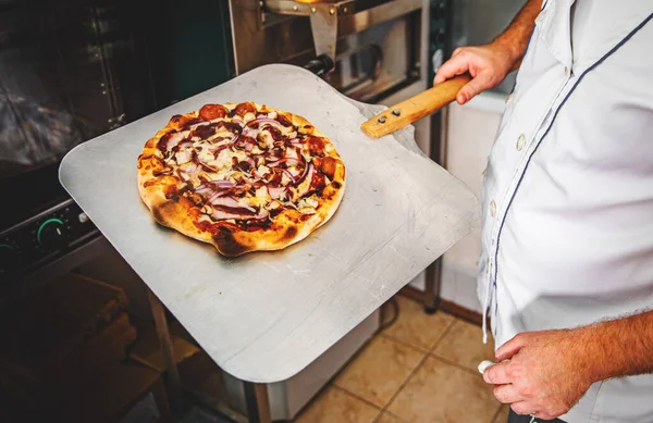 Closeup Hand Chef Baker Making Pizza Kitchen Put Landing Shovel — Stock Photo, Image