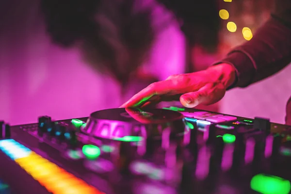 Hands Creating Regulating Music Console Mixer Concert Nightclub — Stock Photo, Image