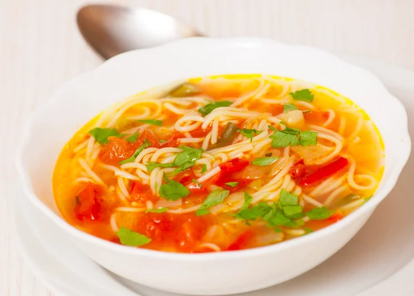 Fresh vegetable soup with noodles — Stock Photo, Image