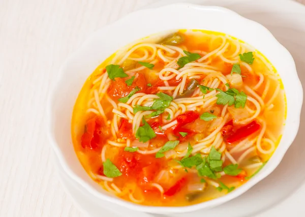 Fresh vegetable soup with noodles — Stock Photo, Image