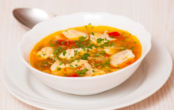 Sopa de frango com macarrão e legumes — Fotografia de Stock