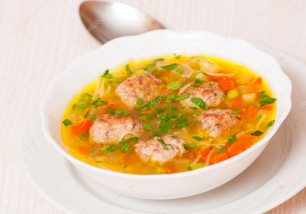 Soup with meatballs, noodle and vegetables