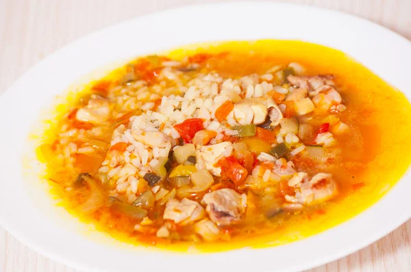 Chicken soup with vegetables and rice — Stock Photo, Image