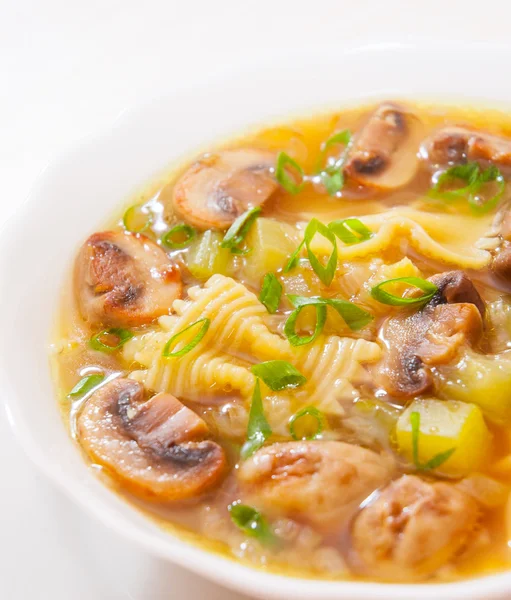 Mushroom soup with pasta and vegetables — Stock Photo, Image