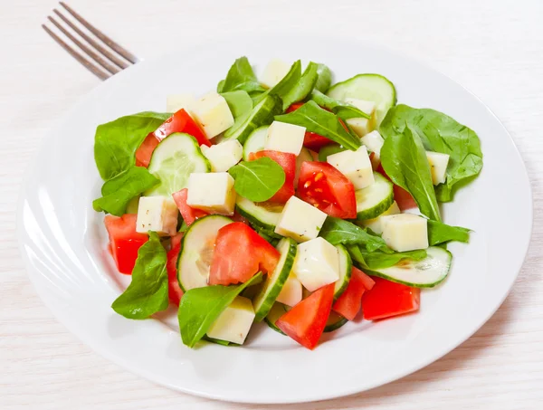 Salada fresca com tomate, rúcula, pepino e cubos de queijo — Fotografia de Stock