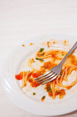 dirty dishes. sauce smeared on a plate.