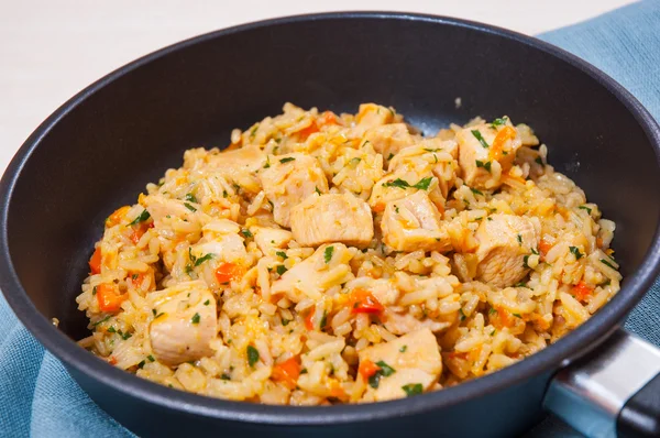 Chicken Breast with Rice and vegetables in a frying pan — Stock Photo, Image