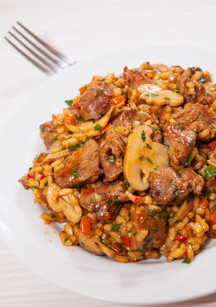 Reis mit Fleisch, Gemüse und Pilzen auf Teller — Stockfoto