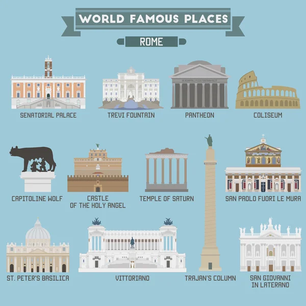 World Famous Place. De Italia. En Roma. Iconos geométricos de edificios — Vector de stock