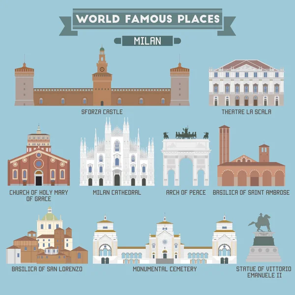 World Famous Place. De Italia. Milán — Vector de stock