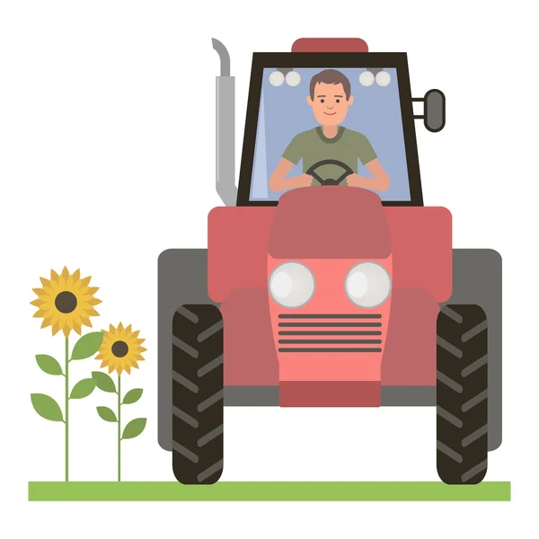 Driver behind the wheel of the tractor. Agricultural work — Stock Vector