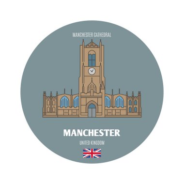 Manchester, İngiltere 'deki Manchester Katedrali. Avrupa şehirlerinin mimari sembolleri. Renkli vektör 