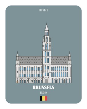 Belçika, Brüksel 'deki belediye binası. Avrupa şehirlerinin mimari sembolleri. Renkli vektör 