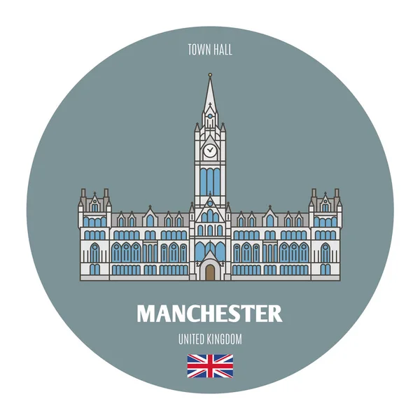 Town Hall Manchester Architectural Symbols European Cities Colorful Vector — Stock Vector