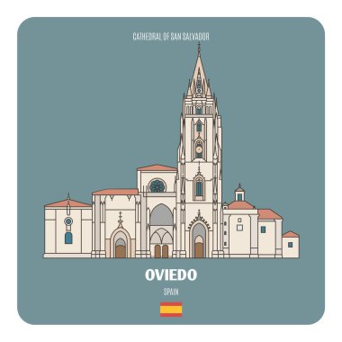 Oviedo, İspanya 'daki San Salvador Katedrali. Avrupa şehirlerinin mimari sembolleri. Renkli vektör 