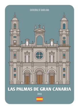 Santa Ana Katedrali Las Palmas de Gran Canaria, İspanya 'da. Avrupa şehirlerinin mimari sembolleri. Renkli vektör 