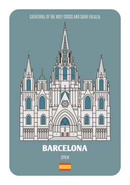 Barcelona, İspanya 'daki Kutsal Haç Katedrali ve Aziz Eulalia. Avrupa şehirlerinin mimari sembolleri. Renkli vektör 