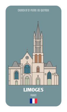 Limoges, Fransa 'daki St-Pierre-du-Queyroix Kilisesi. Avrupa şehirlerinin mimari sembolleri. Renkli vektör 