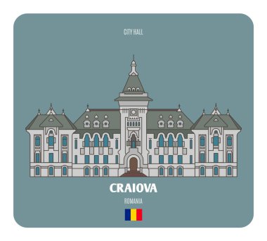 Craiova, Romanya Belediye Binası. Avrupa şehirlerinin mimari sembolleri. Renkli vektör 