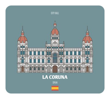 İspanya, La Coruna 'daki belediye binası. Avrupa şehirlerinin mimari sembolleri. Renkli vektör 