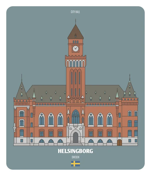 Ayuntamiento Helsingborg Suecia Símbolos Arquitectónicos Las Ciudades Europeas Colorido Vector — Archivo Imágenes Vectoriales