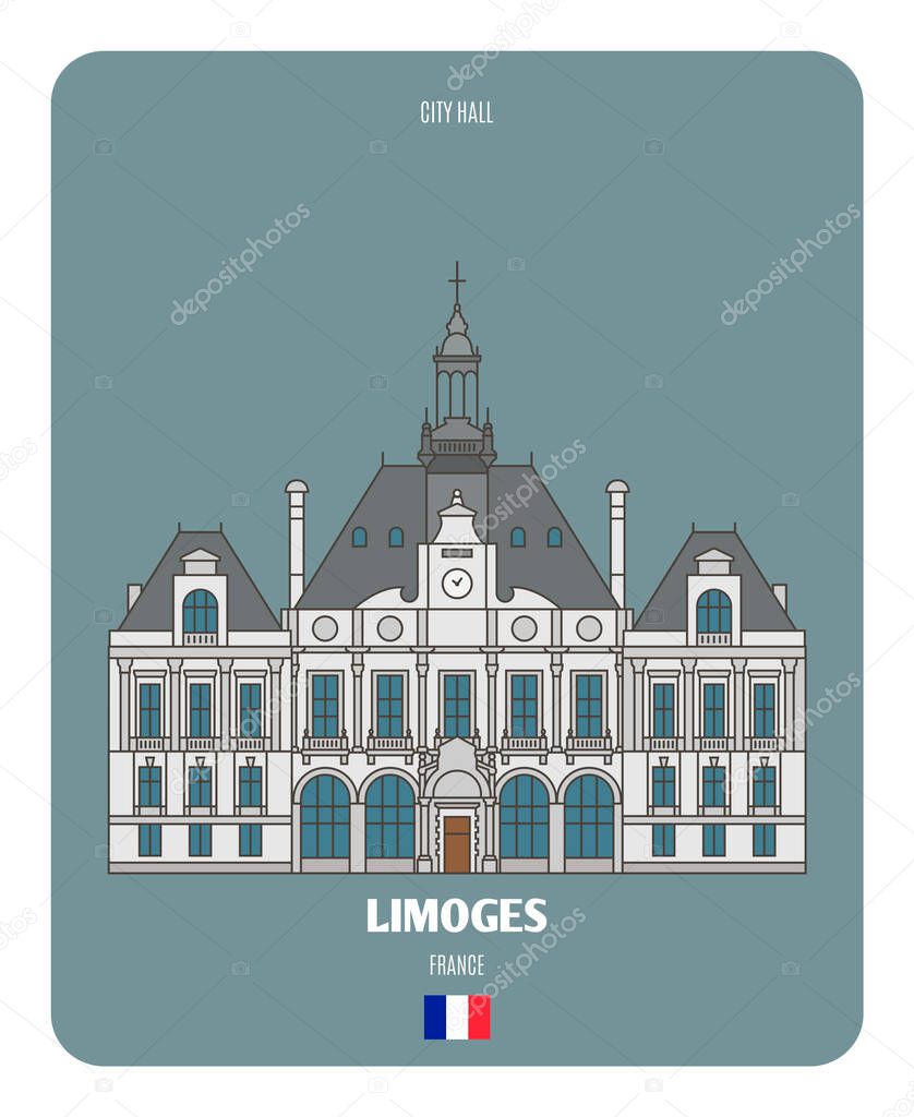 City Hall in Limoges, France. Architectural symbols of European cities. Colorful vector 