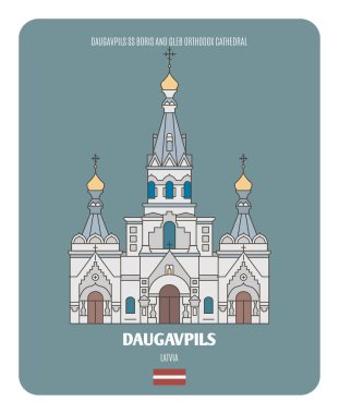 Daugavpils St. Boris ve Gleb Ortodoks Katedrali, Letonya. Avrupa şehirlerinin mimari sembolleri. Renkli vektör 