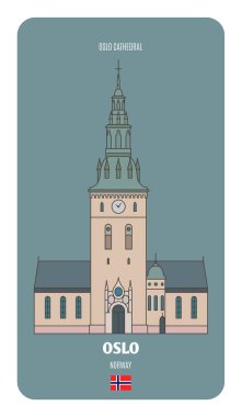 Oslo Katedrali, Norveç. Avrupa şehirlerinin mimari sembolleri. Renkli vektör 