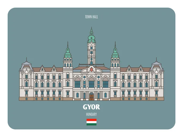 Stadhuis Gyor Hongarije Architectonische Symbolen Van Europese Steden Kleurrijke Vector — Stockvector