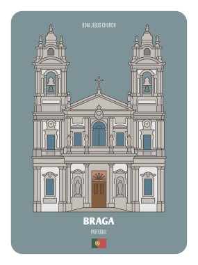Portekiz, Braga 'daki Bom Jesus kilisesi. Avrupa şehirlerinin mimari sembolleri. Renkli vektör 