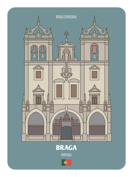 Braga Katedrális Portugália Európai Városok Építészeti Szimbólumai Színes Vektor — Stock Vector