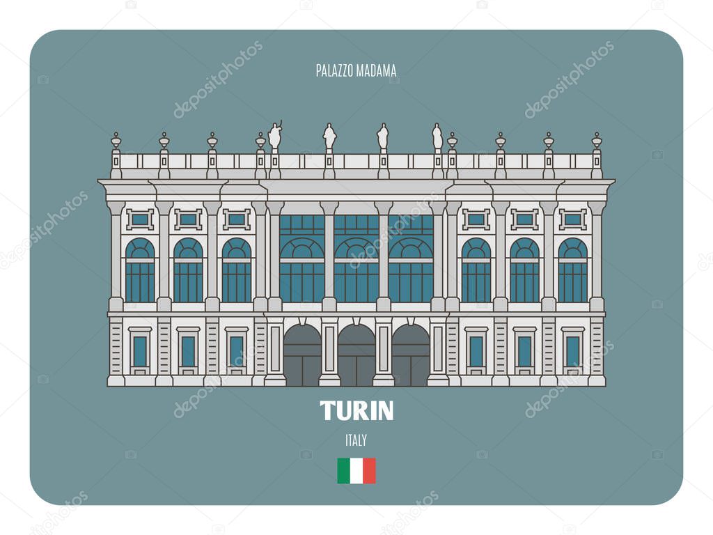 Palazzo Madama in Turin, Italy. Architectural symbols of European cities. Colorful vector 