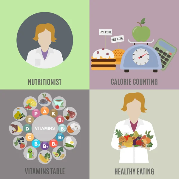 营养师和健康饮食 — 图库矢量图片