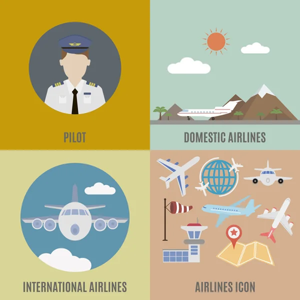 Pilota di aeroplani. Compagnia aerea internazionale e nazionale — Vettoriale Stock