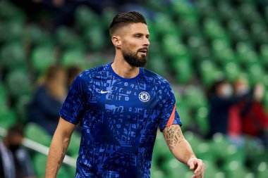 Krasnodar, Rusya - 28 Ekim 2020: Chelsea FC 'den Olivier Giroud UEFA Şampiyonlar Ligi E Grubu FC Krasnodar ve Chelsea FC arasında oynanan karşılaşmadan önce