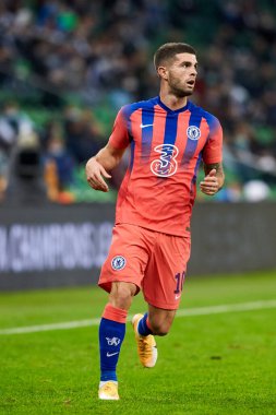 Krasnodar, Rusya - 28 Ekim 2020: Chelsea FC 'li Christian Pulisiç UEFA Şampiyonlar Ligi E Grubu FC Krasnodar ve Chelsea FC arasında oynanan karşılaşma sırasında