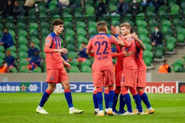 Krasnodar, Rusya - 28 Ekim 2020: Chelsea FC 'den Timo Werner, takımının UEFA Şampiyonlar Ligi E grubu FC Krasnodar ve Chelsea FC arasında oynanan karşılaşmada attığı golü kutluyor
