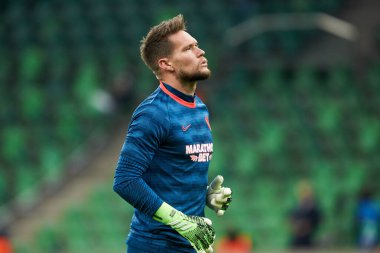 Krasnodar, Rusya - NOVEMBER 24, 2020: Sevilla FC 'den Tomas Vaclik UEFA Şampiyonlar Ligi E grubu FC Krasnodar ve Sevilla FC arasında oynanan karşılaşmadan önce