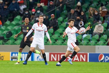Krasnodar, Rusya - NOVEMBER 24, 2020: Sevilla FC 'li Munir El Haddadi UEFA Şampiyonlar Ligi grubu E ile FC Krasnodar ve Sevilla FC FC arasında oynanan karşılaşma sırasında görev başında